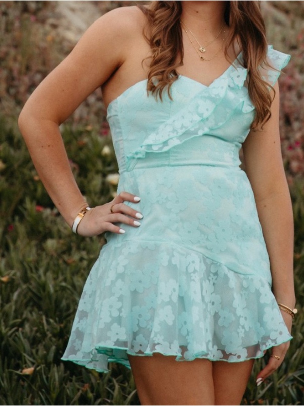 Lucy in the Sky Mint One-Shoulder Floral Ruffle Mini Dress